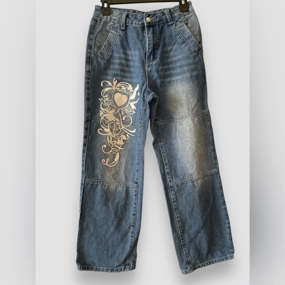 Women Low Rise Washed Baggy Jeans Heart Floral Graffiti Wide Leg Denim Sz Sm - Picture 3 of 7